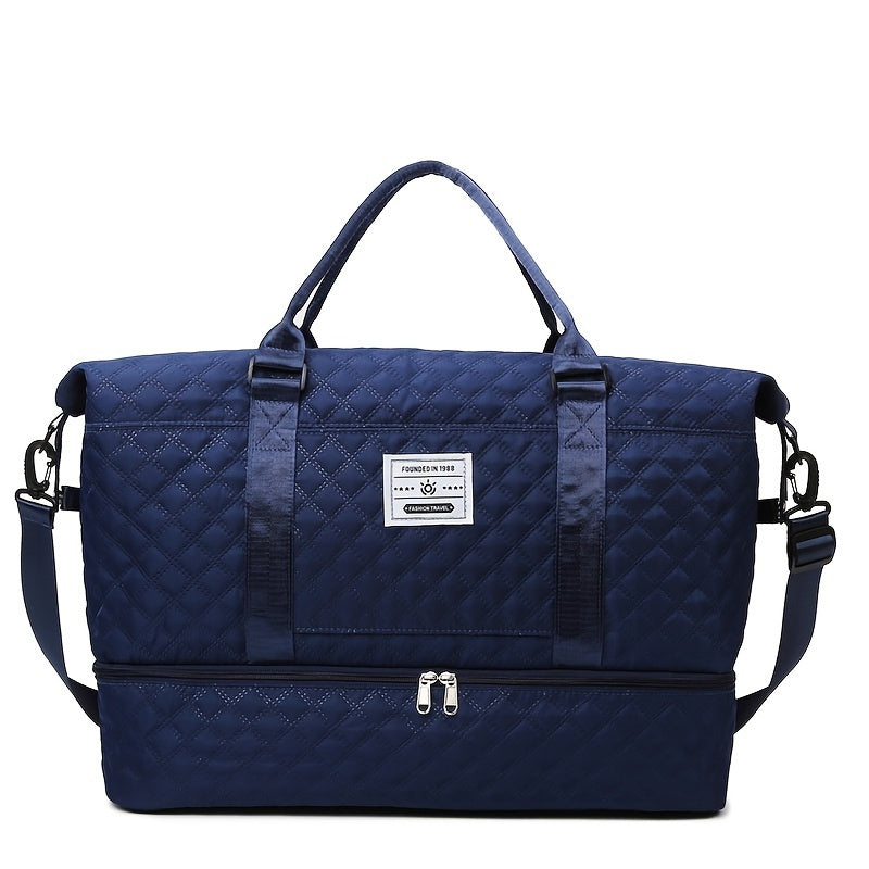 Lightweight Large Capacity Travel Luggage Bag, Solid Color Argyle Pattern Zipper Duffle Bag, Overnight Bag