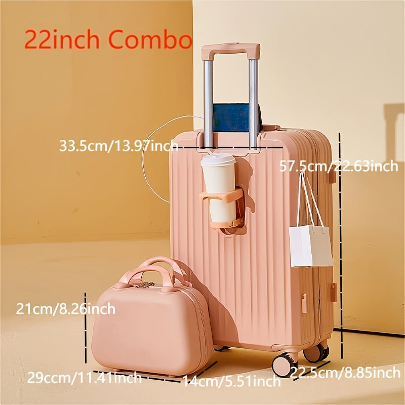 2pcs set of zipper suitcases, with universal wheels, USB charging, cup holder