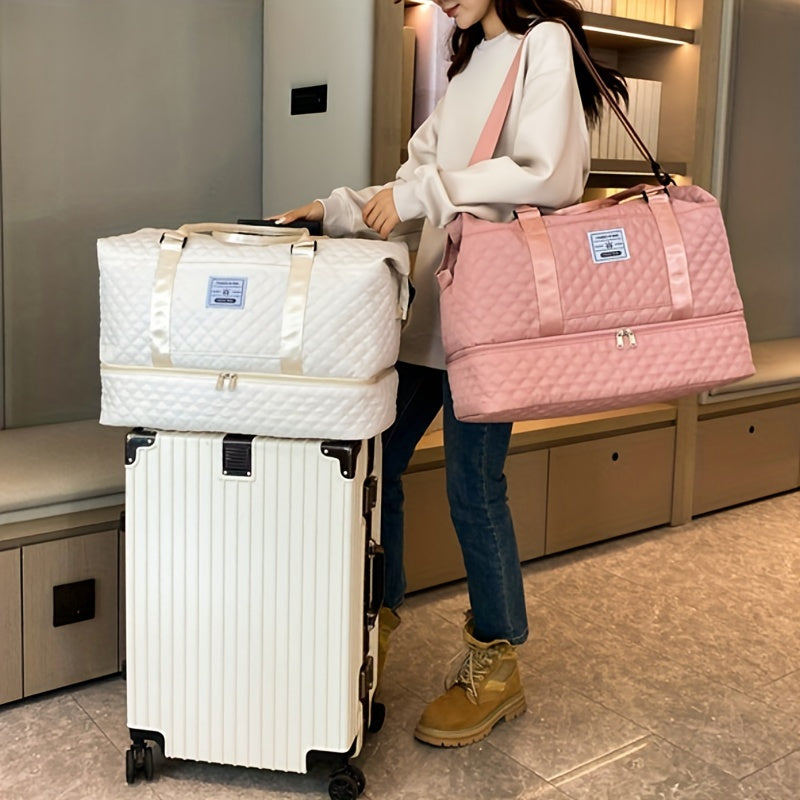 Lightweight Large Capacity Travel Luggage Bag, Solid Color Argyle Pattern Zipper Duffle Bag, Overnight Bag