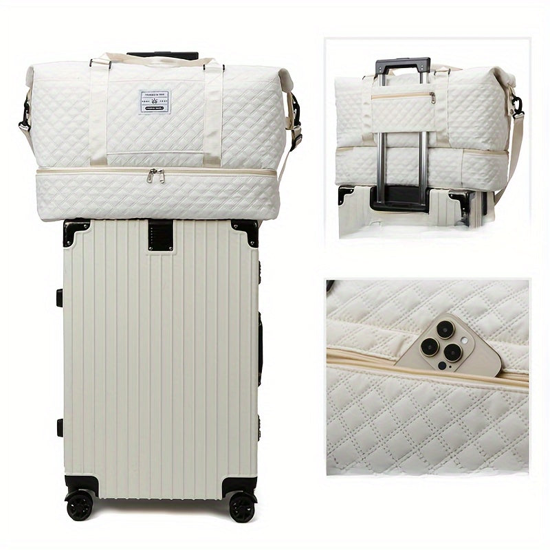 Lightweight Large Capacity Travel Luggage Bag, Solid Color Argyle Pattern Zipper Duffle Bag, Overnight Bag