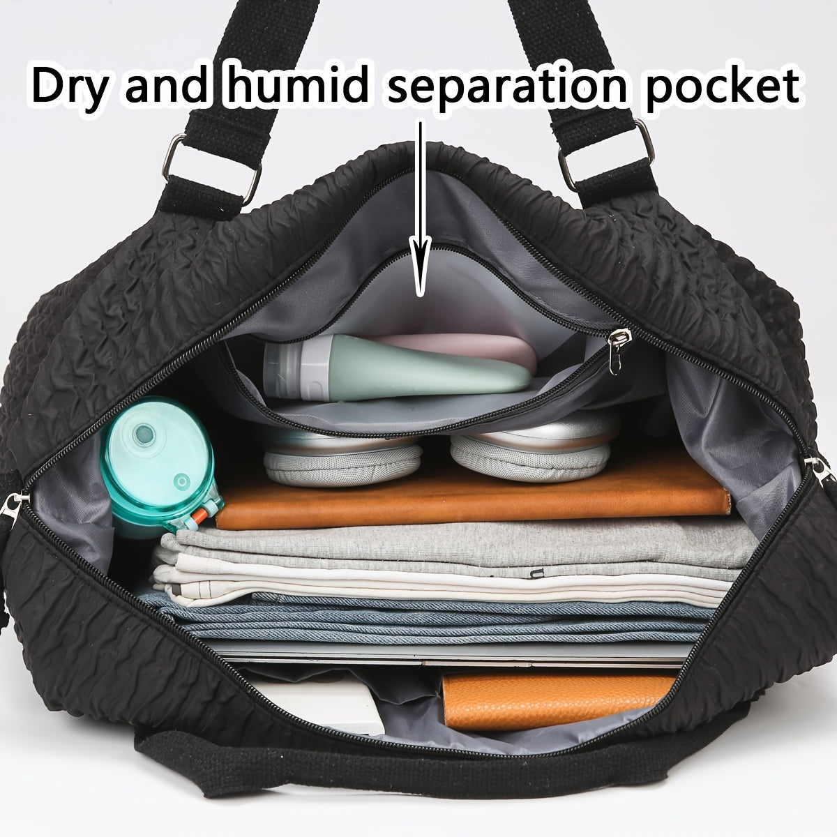1pc Large Capacity Foldable Lightweight Travel Duffel Bag - Stylish Black Nylon Weekender with Adjustable Shoulder Strap