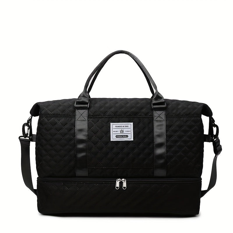 Lightweight Large Capacity Travel Luggage Bag, Solid Color Argyle Pattern Zipper Duffle Bag, Overnight Bag