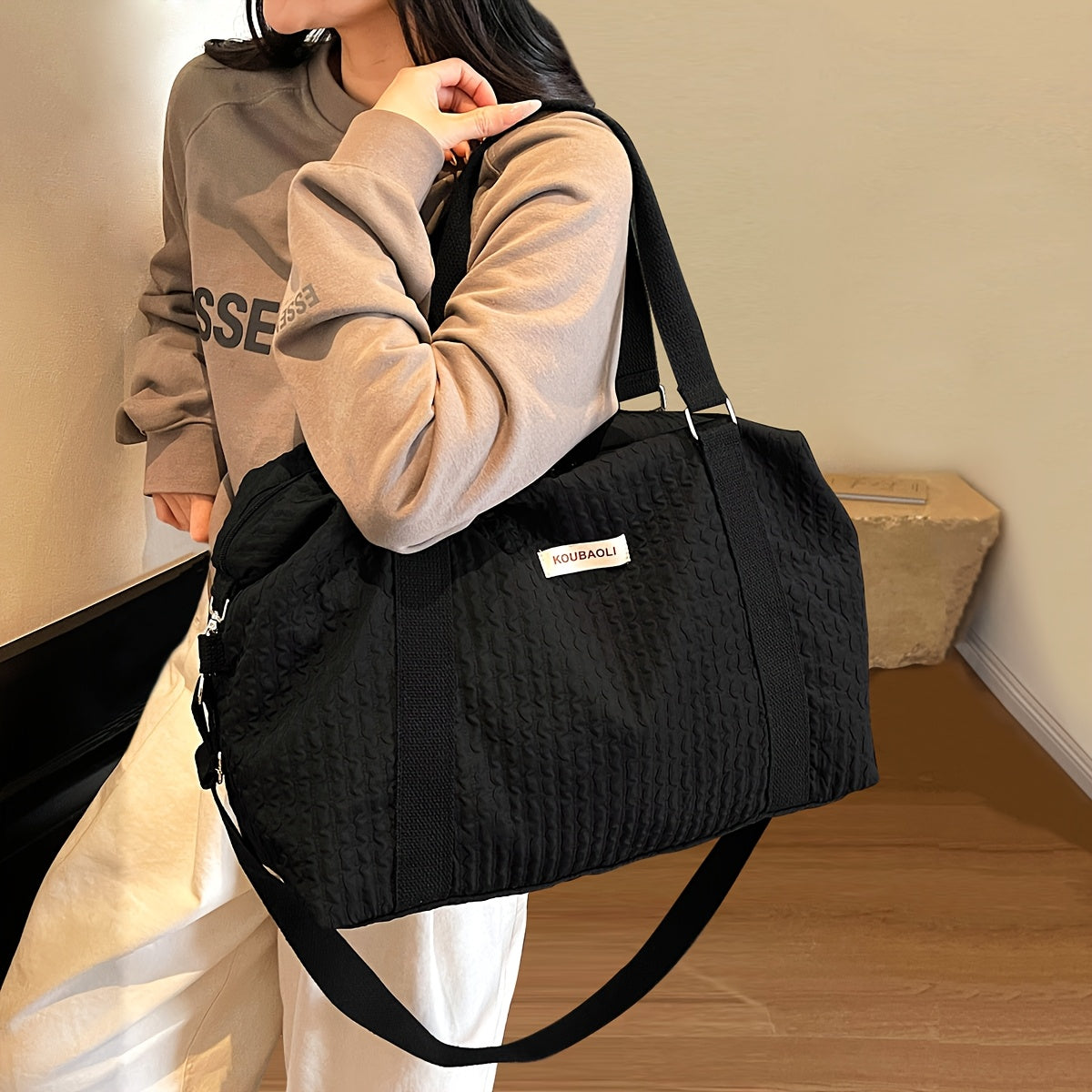 1pc Large Capacity Foldable Lightweight Travel Duffel Bag - Stylish Black Nylon Weekender with Adjustable Shoulder Strap