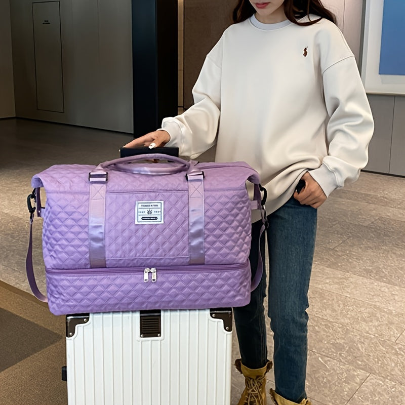 Lightweight Large Capacity Travel Luggage Bag, Solid Color Argyle Pattern Zipper Duffle Bag, Overnight Bag