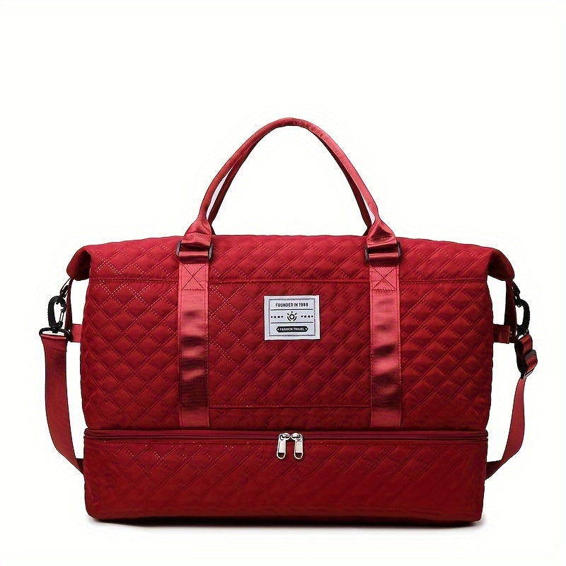 Lightweight Large Capacity Travel Luggage Bag, Solid Color Argyle Pattern Zipper Duffle Bag, Overnight Bag