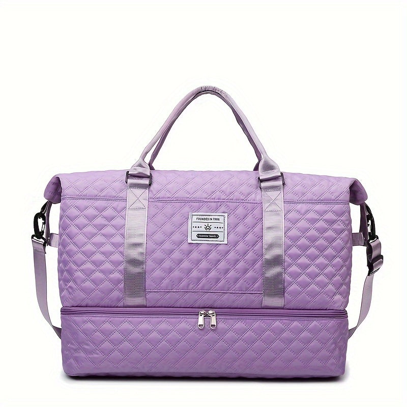 Lightweight Large Capacity Travel Luggage Bag, Solid Color Argyle Pattern Zipper Duffle Bag, Overnight Bag