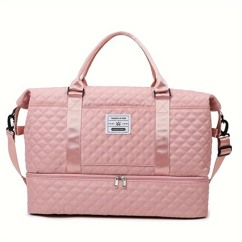 Lightweight Large Capacity Travel Luggage Bag, Solid Color Argyle Pattern Zipper Duffle Bag, Overnight Bag
