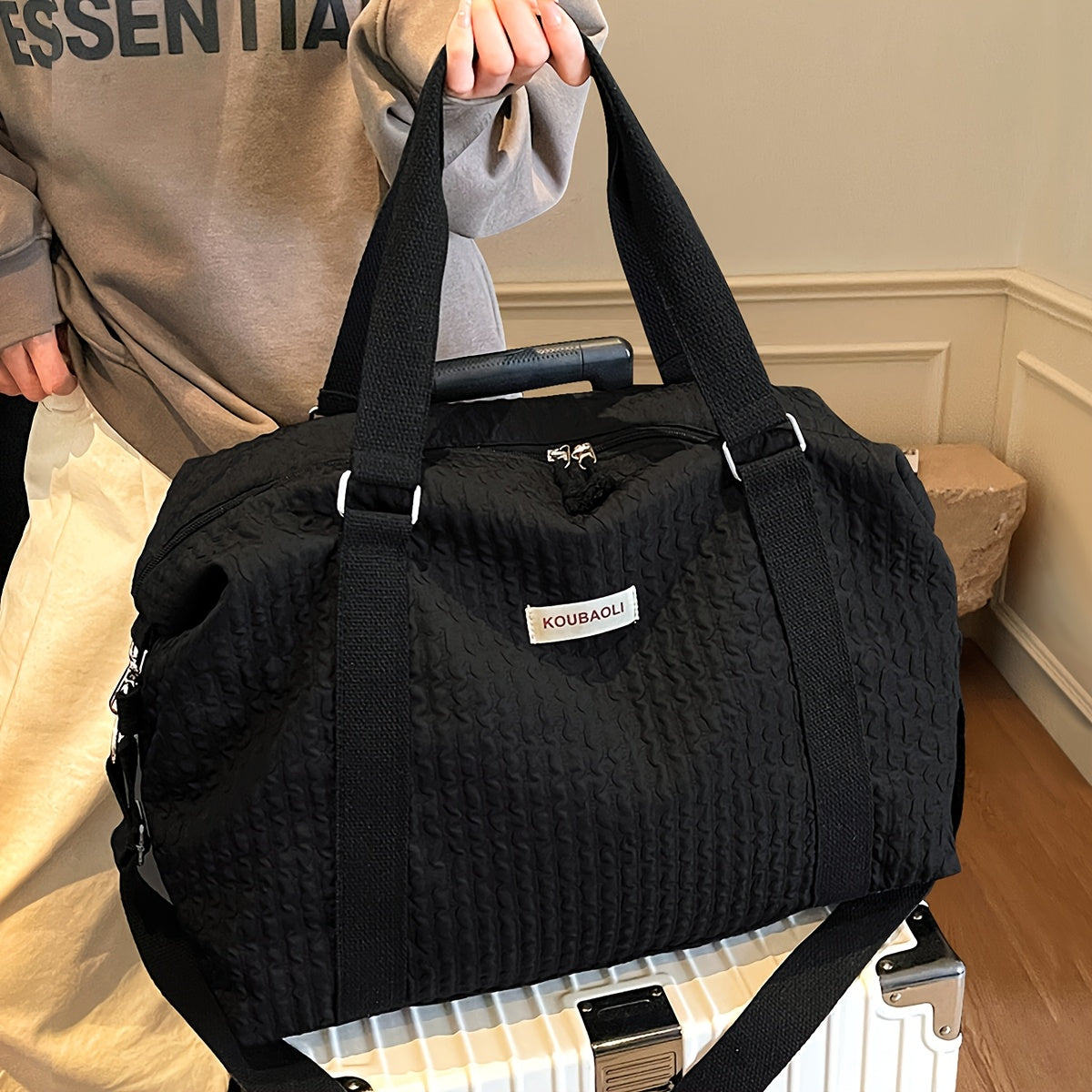 1pc Large Capacity Foldable Lightweight Travel Duffel Bag - Stylish Black Nylon Weekender with Adjustable Shoulder Strap
