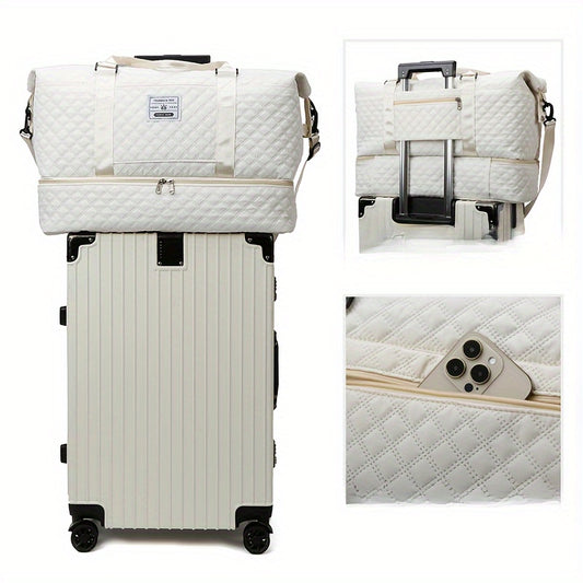 Lightweight Large Capacity Travel Luggage Bag, Solid Color Argyle Pattern Zipper Duffle Bag, Overnight Bag