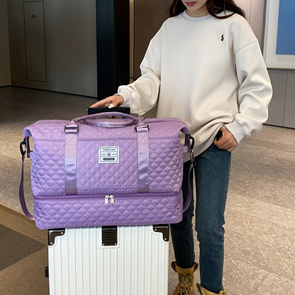 Lightweight Large Capacity Travel Luggage Bag, Solid Color Argyle Pattern Zipper Duffle Bag, Overnight Bag