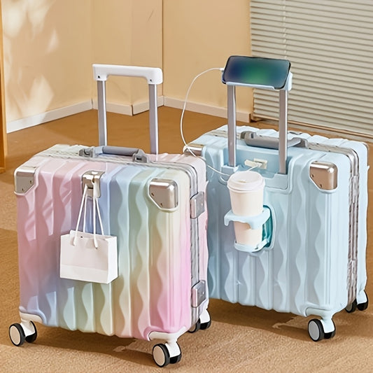 1pc new 18-inch boarding suitcase, high-value colorful aluminum frame buckle lock password box