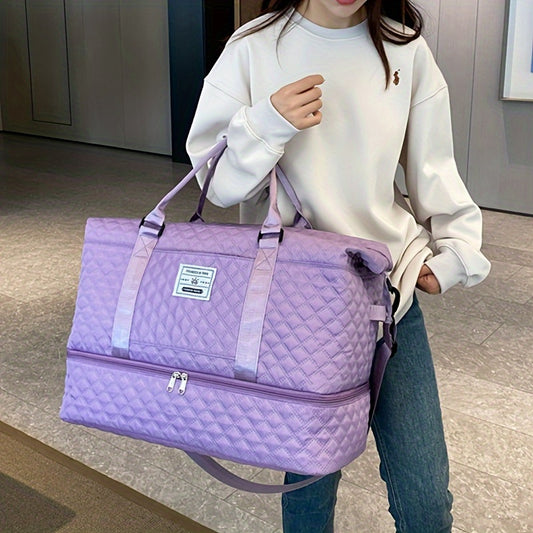 Lightweight Large Capacity Travel Luggage Bag, Solid Color Argyle Pattern Zipper Duffle Bag, Overnight Bag