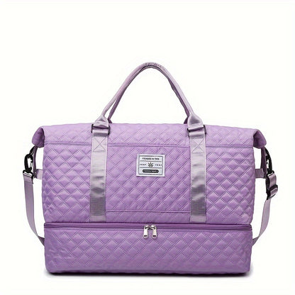 Lightweight Large Capacity Travel Luggage Bag, Solid Color Argyle Pattern Zipper Duffle Bag, Overnight Bag
